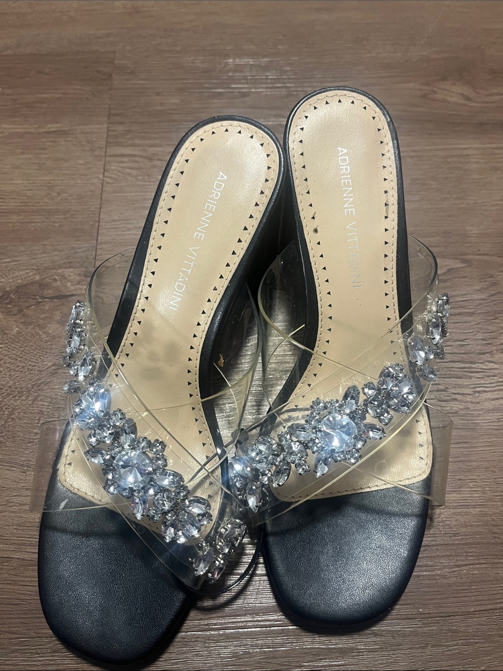 Adrienne Vittadini Black Slide Heels with Clear Jeweled Straps